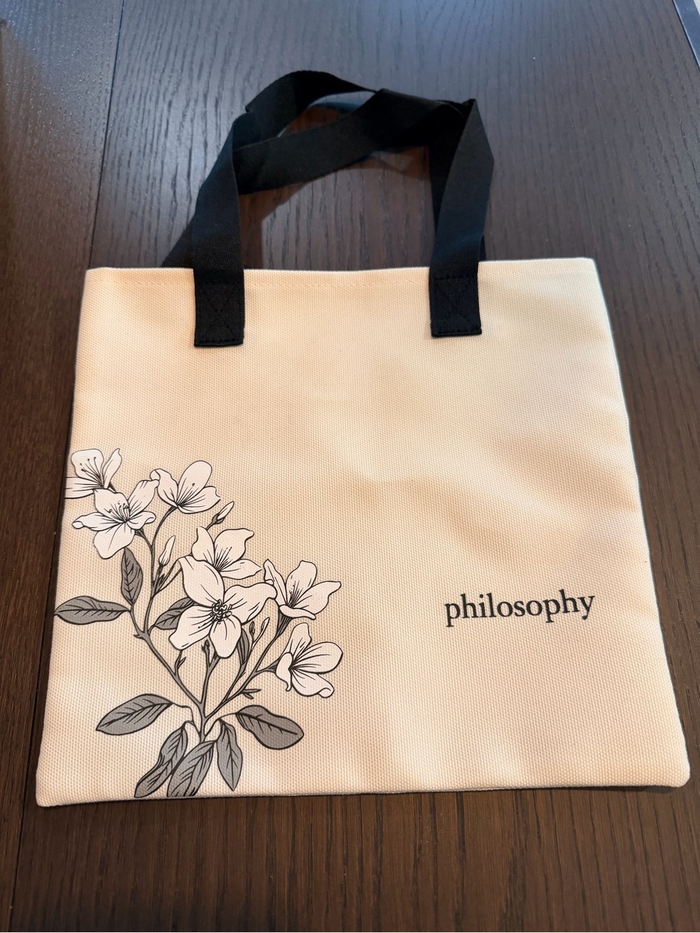 Philosophy Cream Canvas Tote with Black Handles and Floral Sketch
